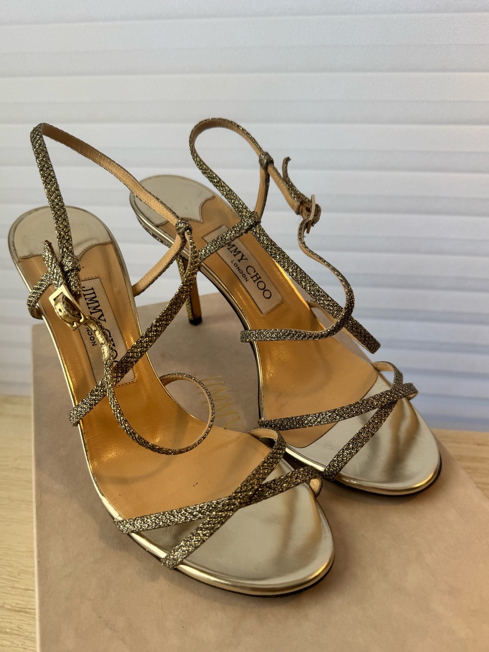 Jimmy Choo Metallic Gold Strappy Stiletto Sandals